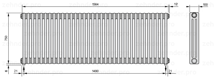 Схема (чертеж) Радиатор Zehnder Charleston 3075/34 №3570 Белый глянцевый RAL 9016